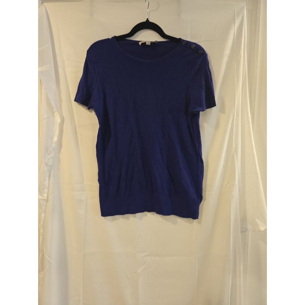 LOFT Royal Blue Short Sleeve Knit Sweater with Shoulder Button Detail